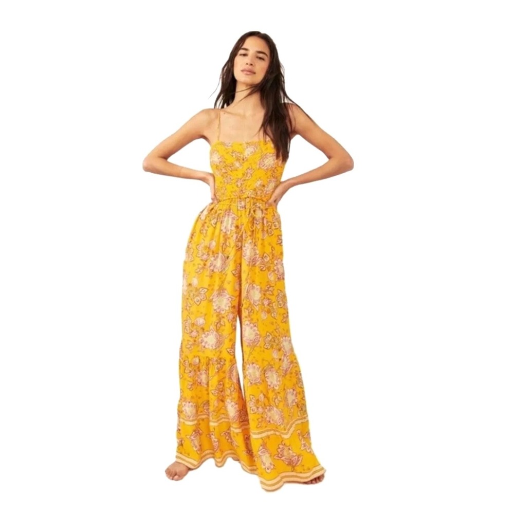 Free People | Little of Your Love Jumpsuit Yellow Floral Smocked Wide Leg XS